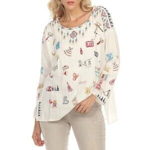 BIYA JOHNNY WAS White Cotton‎ Rondo Crew Neck Long Sleeve Tunic Top M NWT BLOUSE
